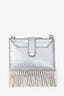 Miu Miu Silver Metallic Leather Crystal Embellished Fringe Card Hold with Chain