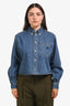 Celine Blue Denim Logo Embroidered Long Sleeve Cropped Button Up Shirt Size L