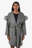 Max Mara Studio Grey Wool Fur Trimmed Belted Coat Size