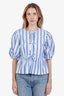 Ganni Blue/White Striped Cotton Front Tie Blouse Size 36
