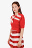 Miu Miu Red/White Mohair Tie Detail Knit Short Sleeve Sweater Size 38