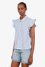 Frame White/Blue Cotton Striped Ruffle Sleeve Top Size S
