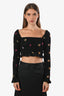 Off-White Black Embroidered Leaves Square Neck Long Sleeve Cropped Top Size 36