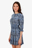 Maje Blue/White Patterned Cinched Waist Ruffle Neck Mini Dress Size 34