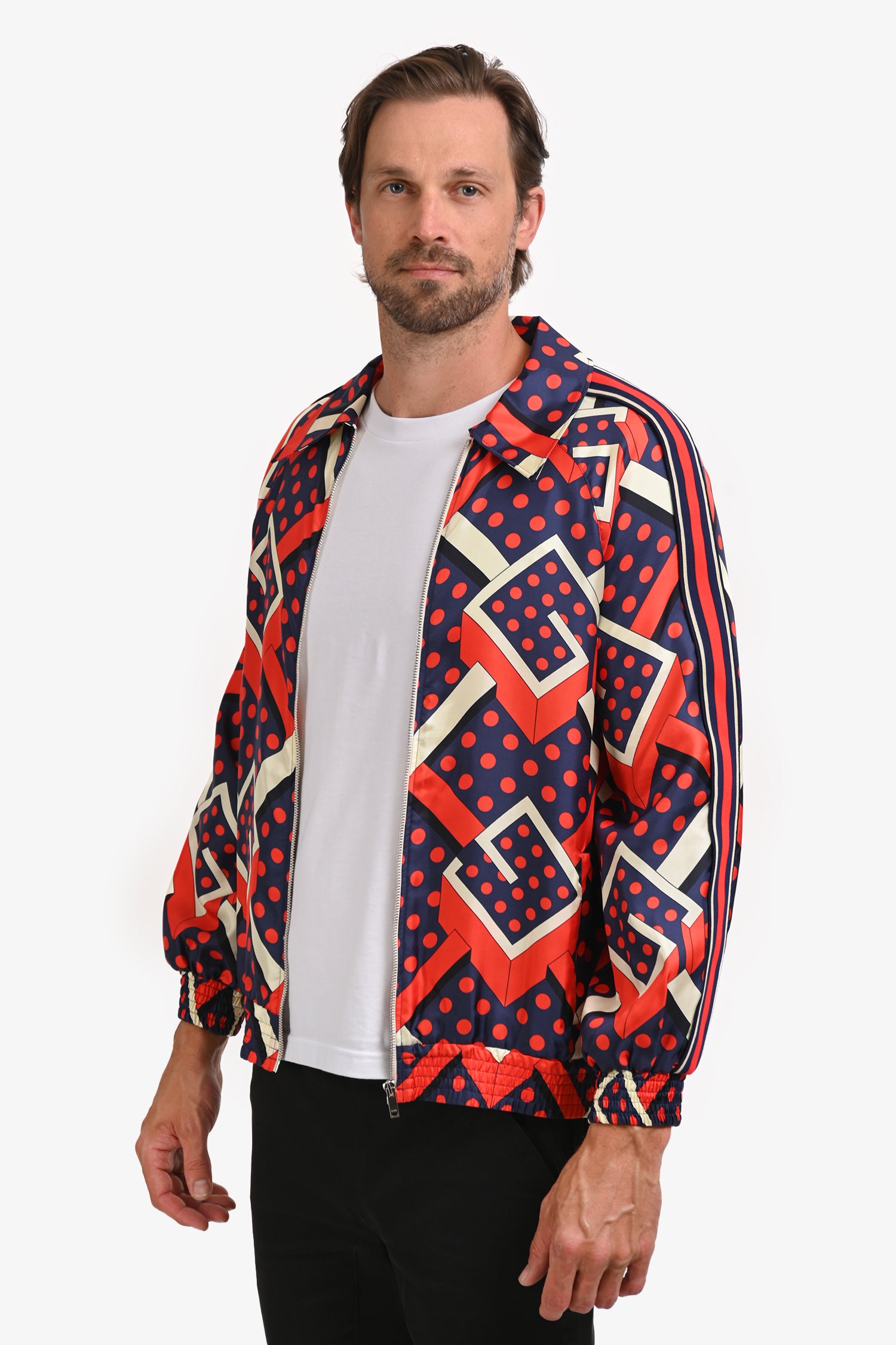 Gucci Blue/Red Silk 'G Dot' Zip-Up Windbreaker Size L Men's – Mine