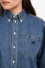 Celine Blue Denim Logo Embroidered Long Sleeve Cropped Button Up Shirt Size L