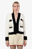 Balmain White/Black Wool Blend Gold Button Brushed Knit Cardigan Size 34