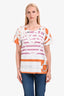 Hermès White/Purple/Orange Patterned Cotton Scoop Neck Short Sleeve Top Size 40