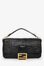 Fendi Black Embossed Leather Baguette FF Shoulder Bag with Strap