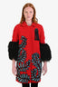 Andrew Gn Red/Black Sequin Lamb Fur Cuff Coat with Brooch