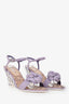Pre-loved Chanel™ White/Purple Striped Camellia Flower Wedge Heels Size 39