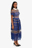 Self-Portrait Blue/Beige Embroidered Floral Collared Short Sleeve Midi Dress Size 0