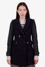 Burberry Brit Black Wool Leather Double Breasted Trench Coat Size 2