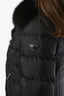 Prada Black Nylon Quilted Belted Down Fur Trim Hooded Jacket Size 46