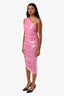 Norma Kamali Metallic Pink Asymmetric Shoulder Ruched 'Diana' Midi Dress Size XS