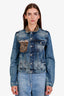Diesel Blue Cotton Button Up Jacket with Cheetah Print Collar Size S