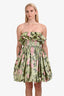 Oscar de la Renta Green/Pink Silk Floral Strapless Puff Mini Dress Size 8