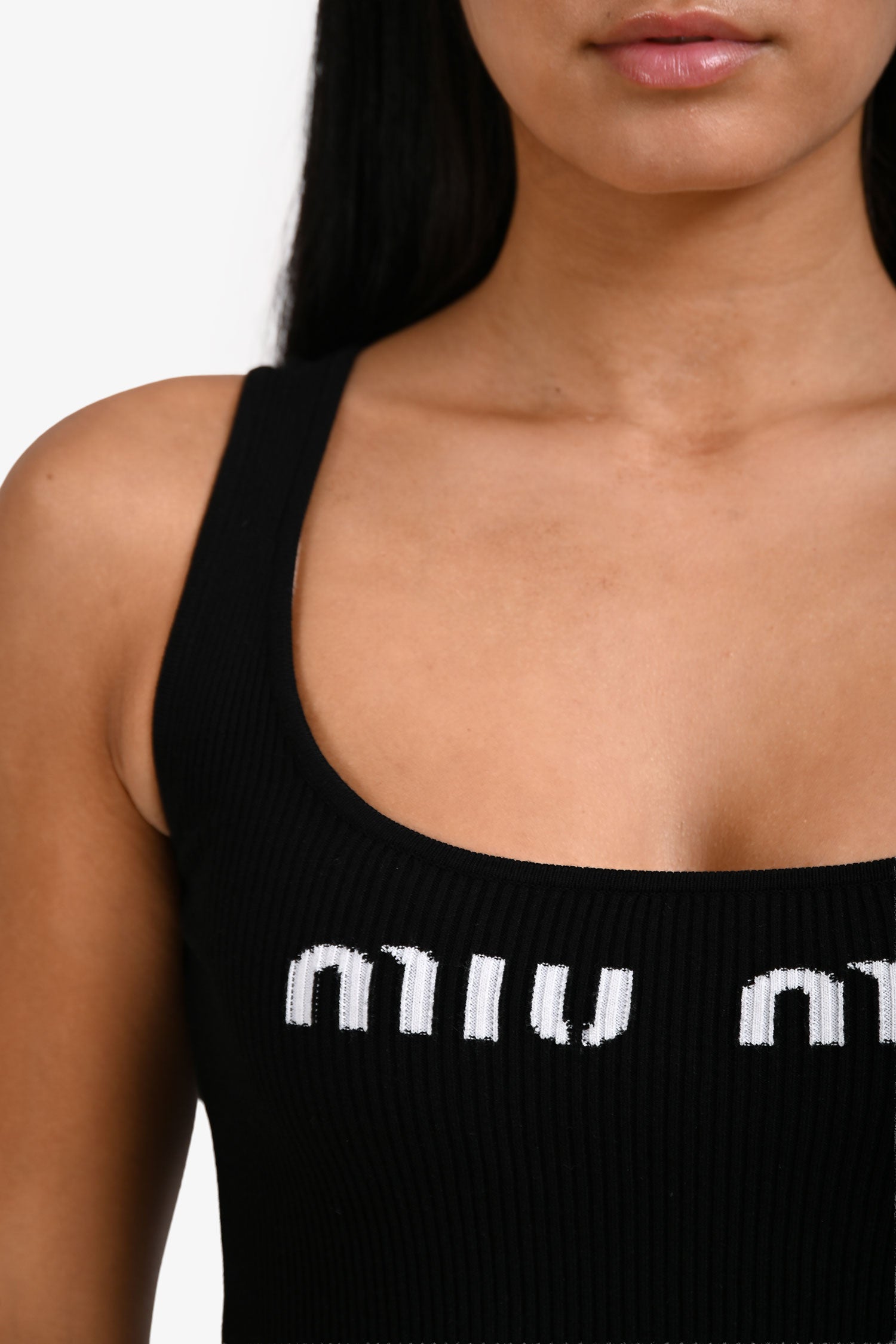 Miu Miu Black/White Ribbed-Knit Logo Tank Top Size 36 – Mine & Yours