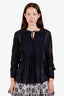 Elie Tahari Navy Cotton Embroidered Tie-Up Long Sleeve Blouse Size S