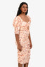 For Love & Lemons Peach Floral Print Ruched Midi Dress Size M