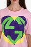 Gucci Pink/Multicolour GG Heart Detail Crewneck Shirt Size XS