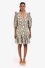 Sandro Green/Cream Cotton Floral Embroidered Puff Shoulder 'Audrey' Mini Dress Size 40