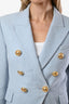 Balmain Light Blue Cotton Tweed Double Breasted Gold Button Blazer Size 34