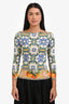 Dolce & Gabbana White/Multi Silk Printed Long Sleeve Top Size 38