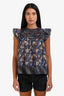 Ulla Johnson Brown/Blue Printed Cotton Blend Ruffled Shoulder Top Size 4