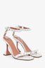 Amina Muaddi White Leather Crystal Embellished Ankle Strap Heels Size 37