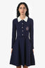 Sandro Navy Blue/White Knit Collared Pearl Button 'S' Logo Dress Size 38