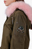 Moose Knuckle Green Cotton Pink Fur Hood Mid Length Jacket Size S