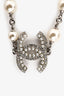 Pre-Loved Chanel™ 2019 Silver Tone Faux Pearl Interlocking CC Crystal Necklace