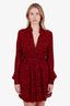 Saint Laurent Red Leopard Print Long Sleeve V-Neck Mini Dress Size 38