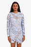 Self-Portrait Blue 3D Floral Long Sleeve Mini Dress Size 0 with Nude Slip