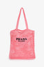 Prada Pink Raffia Crochet Logo Embroidered Tote Bag