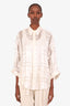 Brunello Cucinelli Cream Silk Sheer Patterned Button Up Three Quarter Sleeve Top Size Small