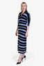 Proenza Schouler Black/Blue Wool Silk Horizontal Stripe Short Sleeve Collared Midi Dress Size S