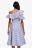 Self-Portrait White/Blue Striped Ruffle Midi Dress Size 2
