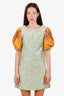 Miu Miu Green/Yellow Beaded Jacquard Puff Sleeve Dress Size 38