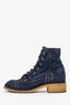 Pre-loved Chanel™ Blue Denim Interlocking CC Logo Combat Boots Size 38.5