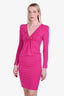 Roberto Cavalli Pink Jersey Leopard Detail Long Sleeve Shoulder Padded Mini Dress Size 38
