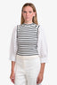 Derek Lam 10 Crosby White/Navy Striped Knit Cotton Sleeve Sweater Size M