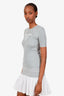 Prada Grey Silk Logo Ribbed Knit Short Sleeve Sweater Size 36
