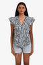Veronica Beard Cotton Grey/Navy Printed Ruffled Shoulder Sleeveless Top Size 0