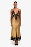 Josie Natori Gold Black Satin Lace Maxi Slip Dress Size XS