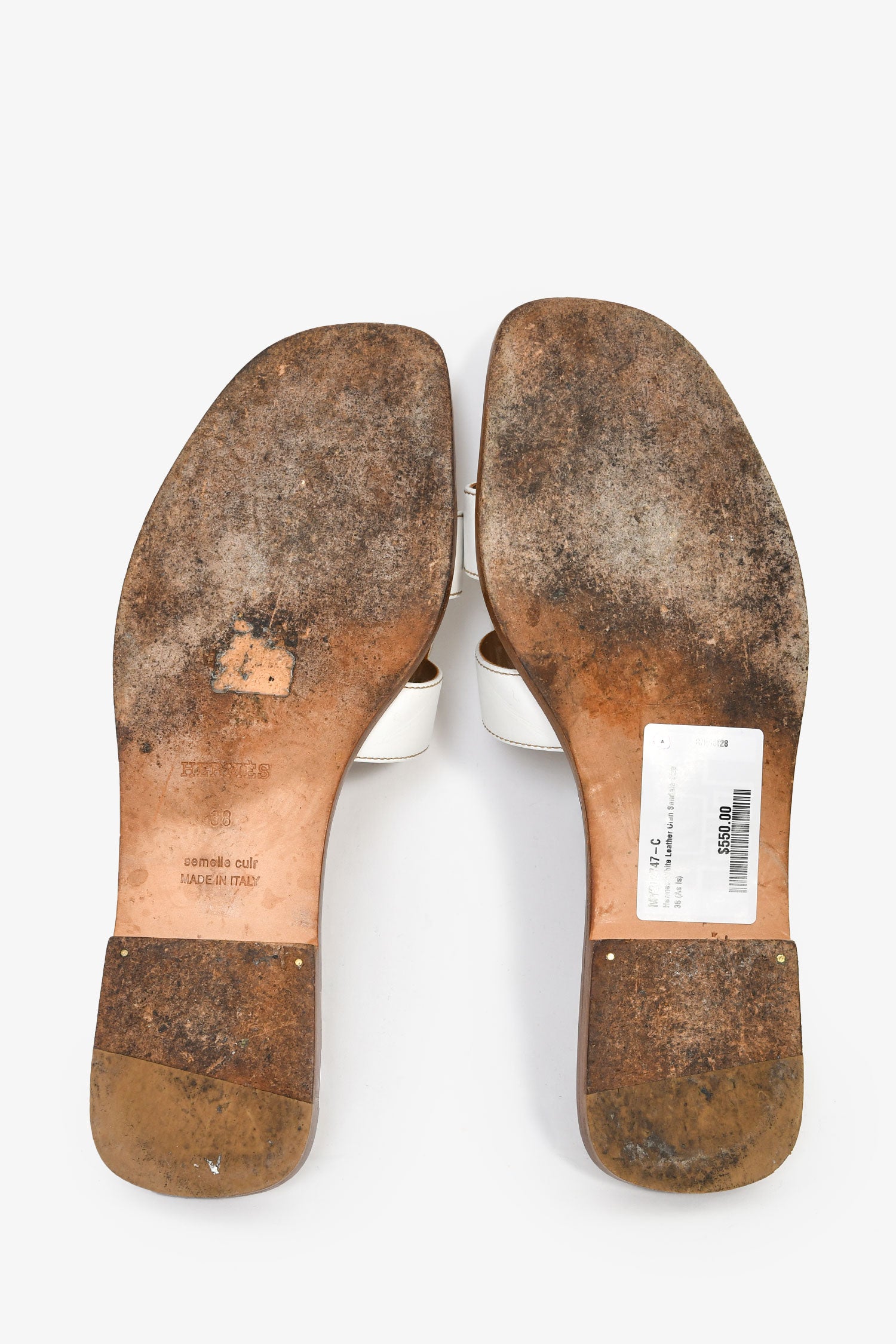 エルメス　38 Hermès White Leather Oran Sandals Size 38 – Mine & Yours