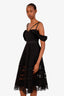 Self-Portrait Black Lace Trim Draped Shoulder Midi Dress Size 2