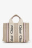 Chloe Beige Fabric Purple Leather Trim Logo Mini Woody Tote