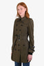 Burberry Green Trench Coat with Black Leather Trim Size 6